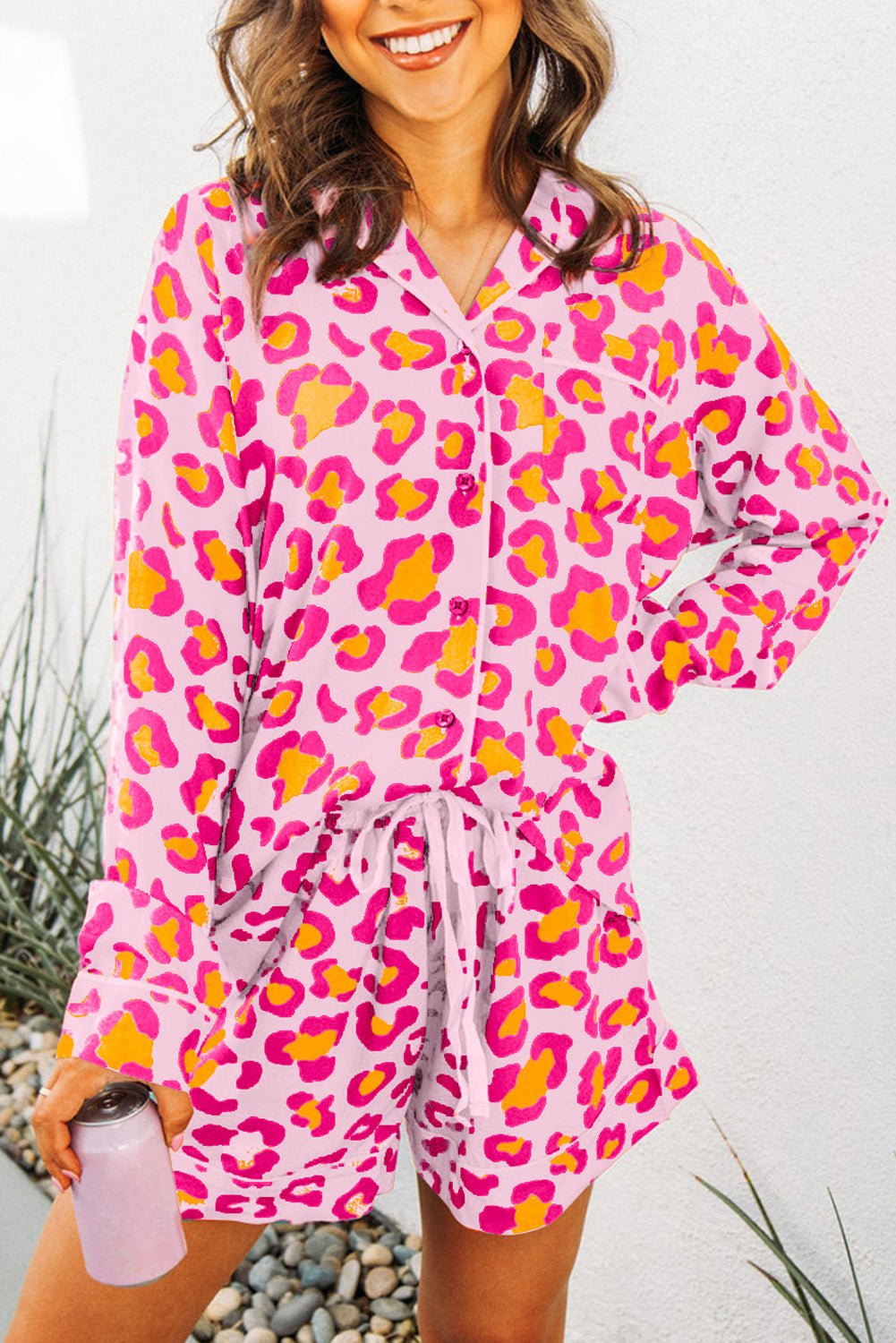 Pink Leopard Print Long Sleeve Shirt and Shorts Pajama Set - MAD RUFFI