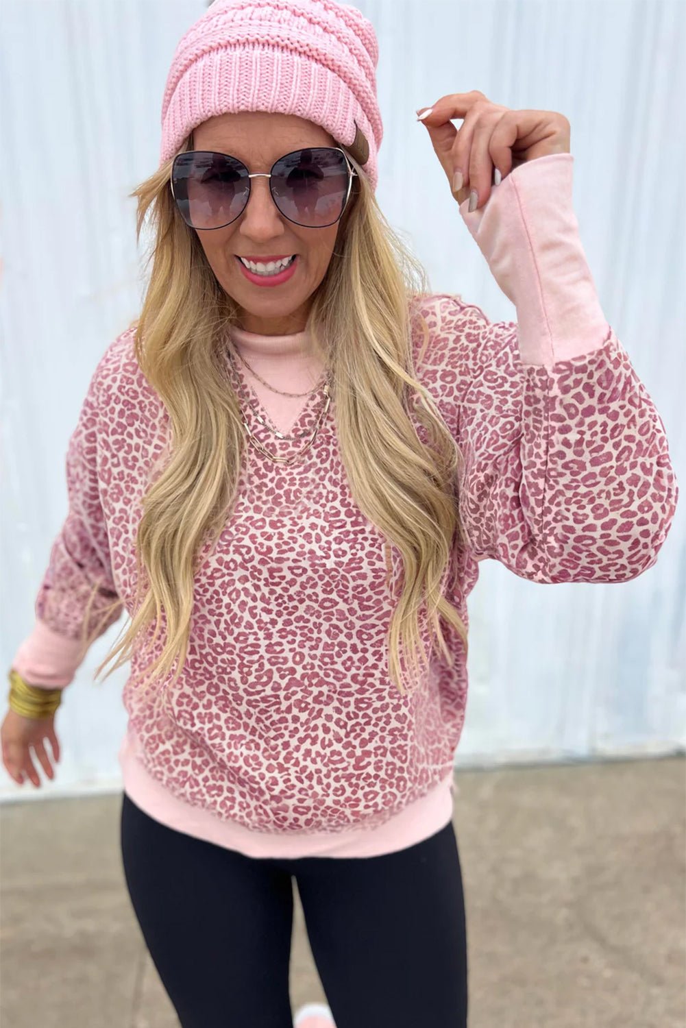 Pink Leopard Print Patchwork Crew Neck Sweatshirt - MAD RUFFI