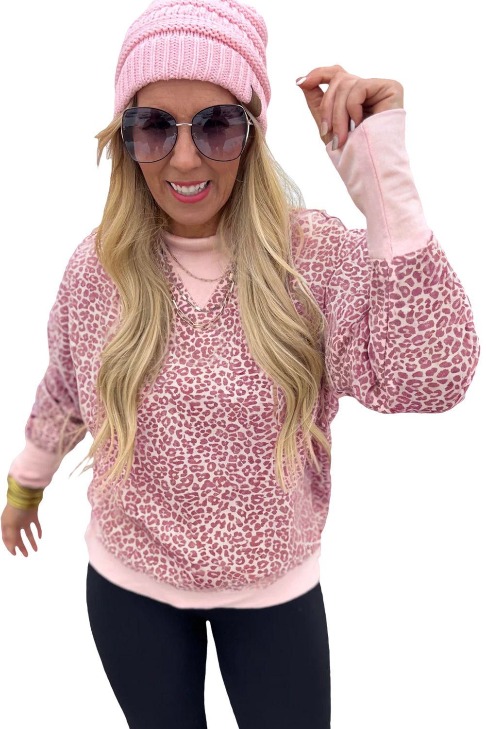 Pink Leopard Print Patchwork Crew Neck Sweatshirt - MAD RUFFI