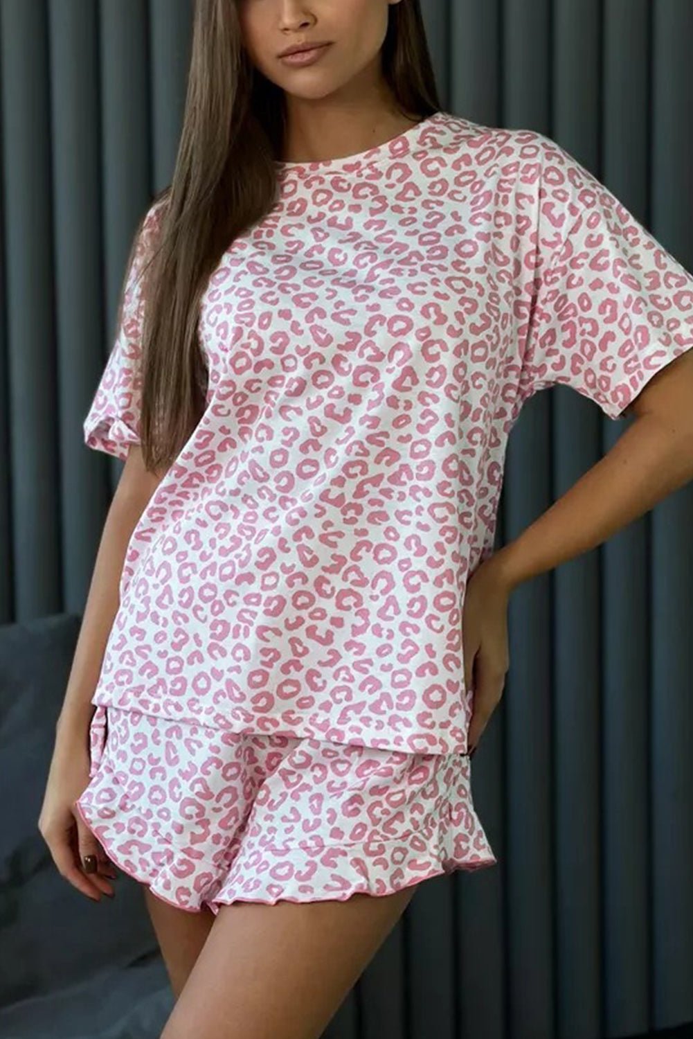 Pink Leopard Print Round Neck Top and Ruffle Trim Shorts Two Piece Pajama Set - MAD RUFFI
