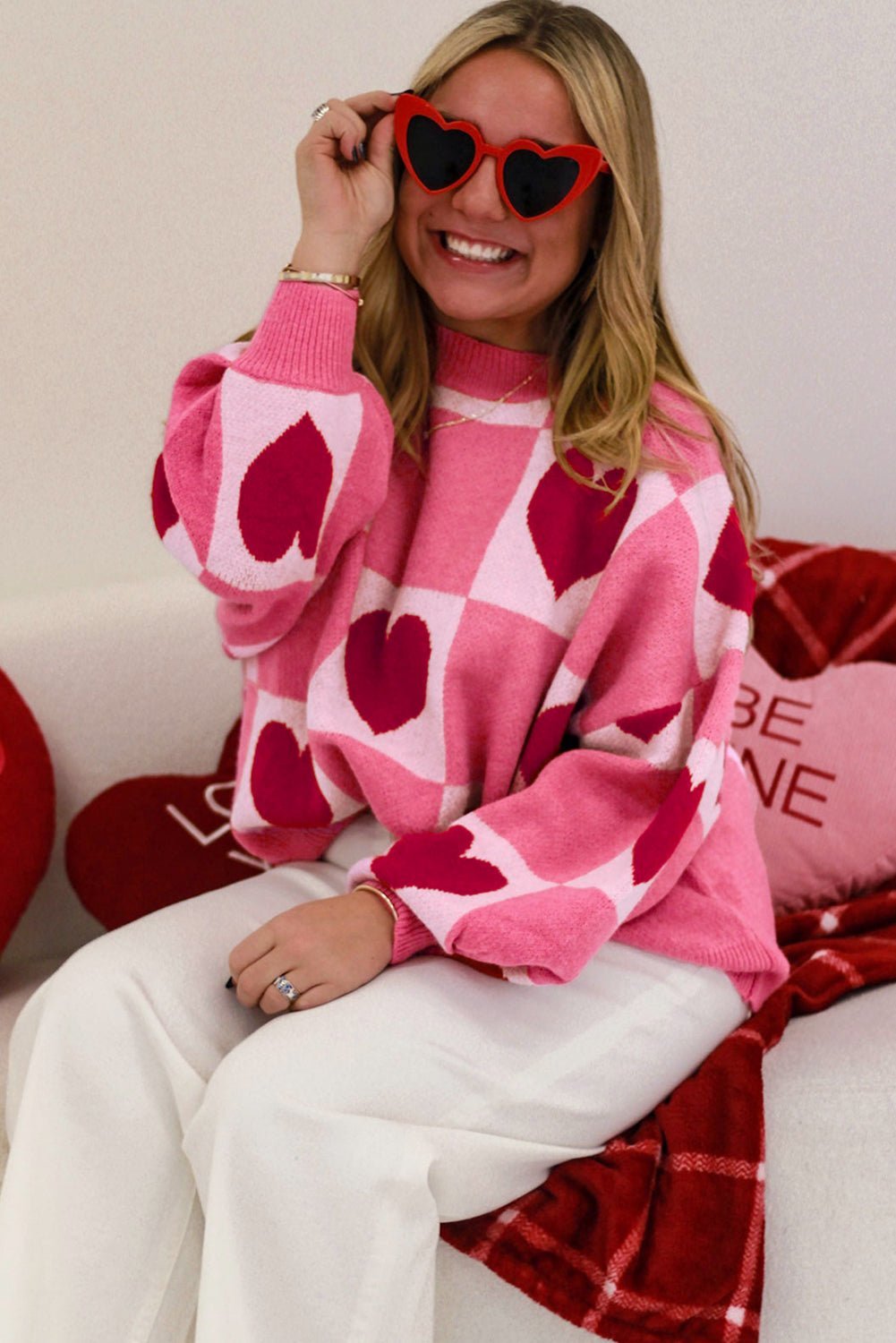 Pink Love Heart Checkered Valentine Knit Sweater - MAD RUFFI