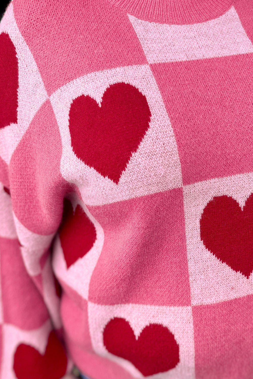 Pink Love Heart Checkered Valentine Knit Sweater - MAD RUFFI