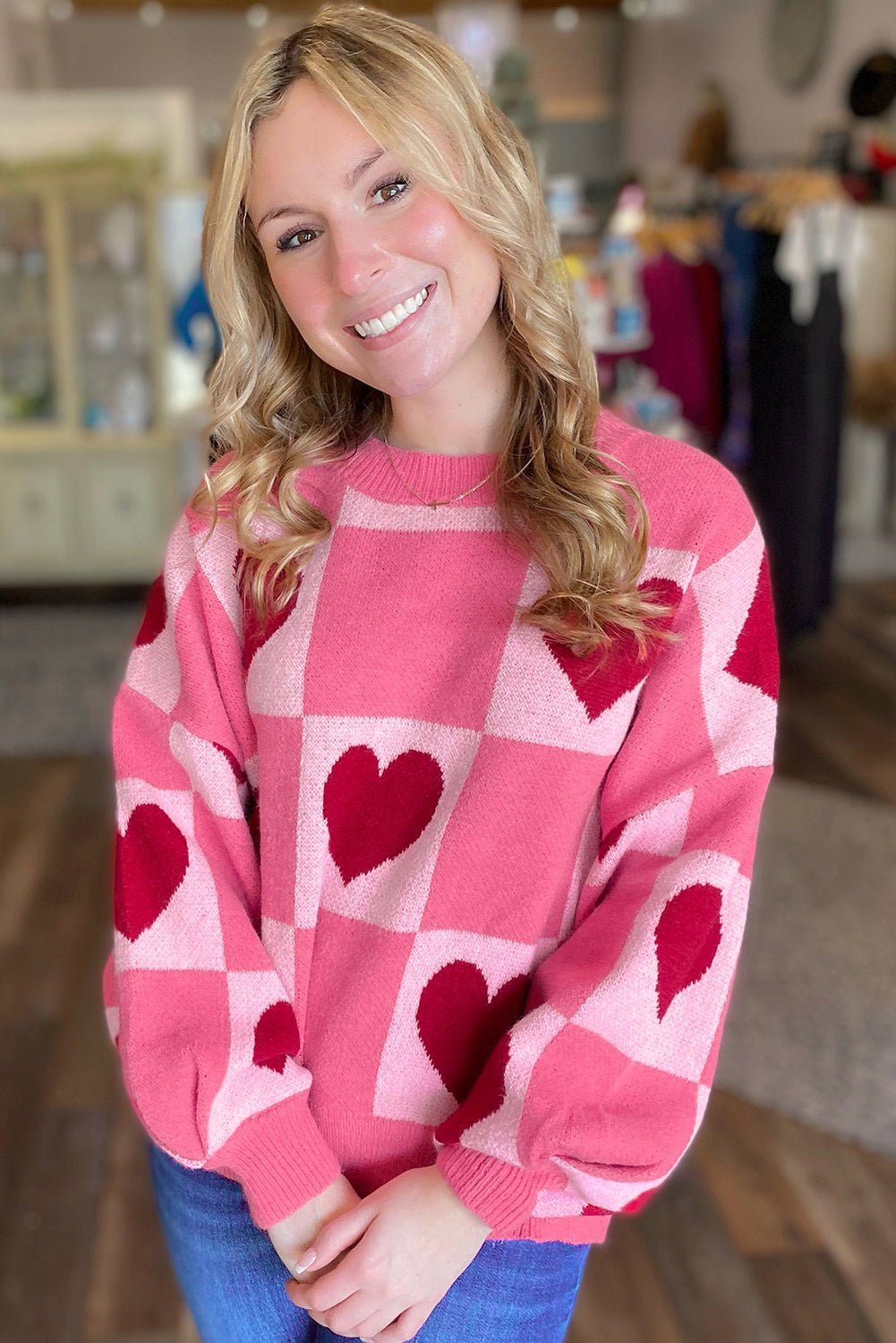 Pink Love Heart Checkered Valentine Knit Sweater - MAD RUFFI