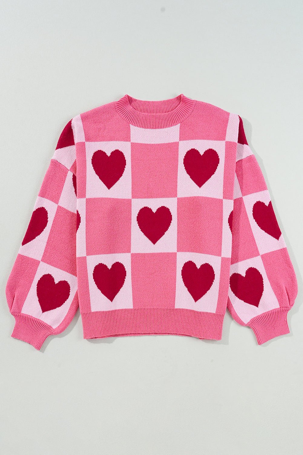 Pink Love Heart Checkered Valentine Knit Sweater - MAD RUFFI