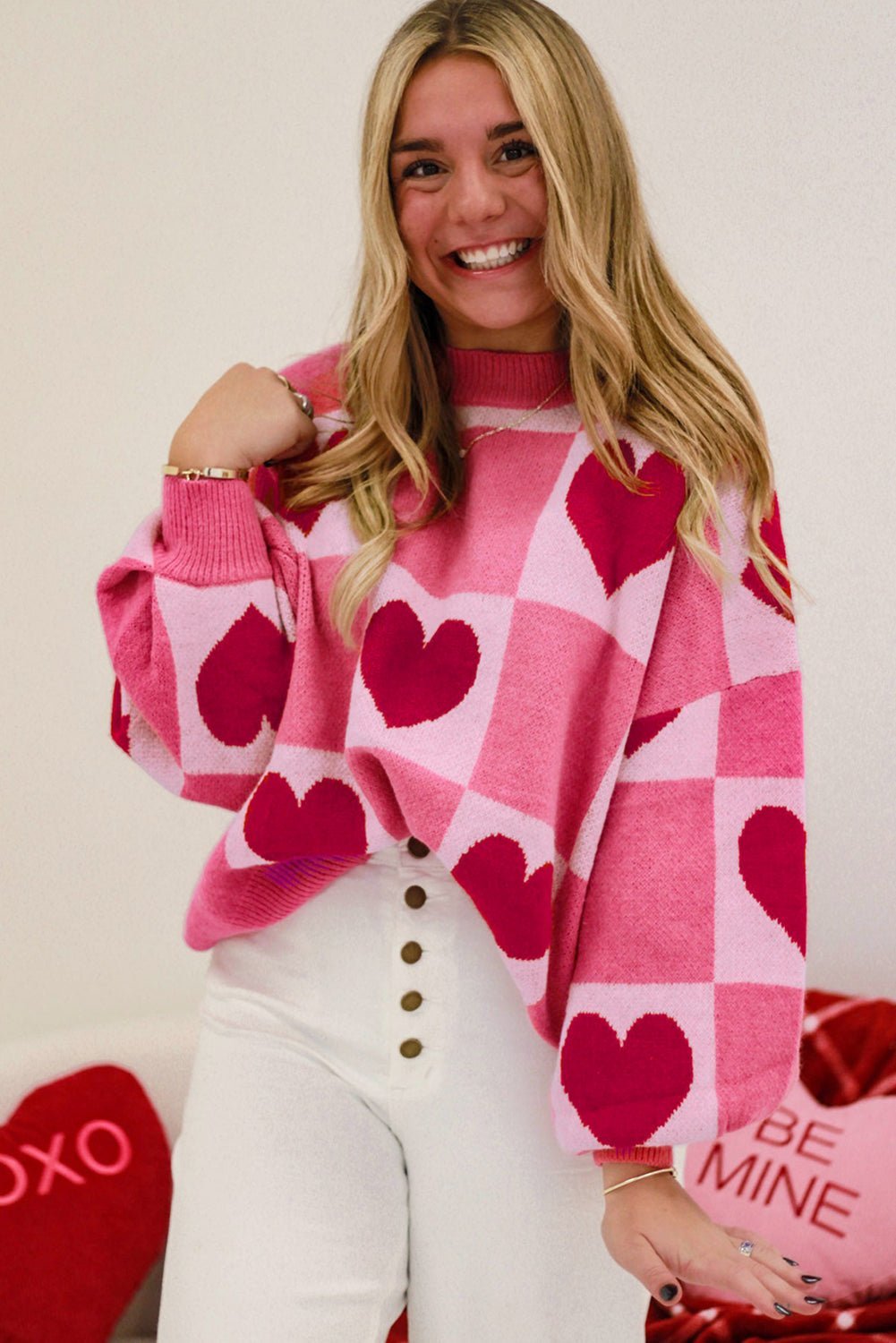 Pink Love Heart Checkered Valentine Knit Sweater - MAD RUFFI