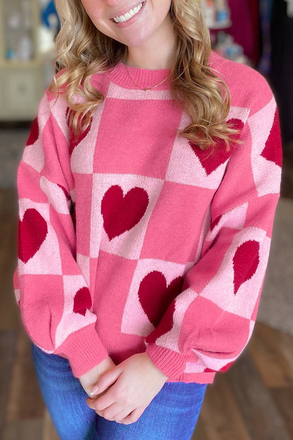 Pink Love Heart Checkered Valentine Knit Sweater - MAD RUFFI