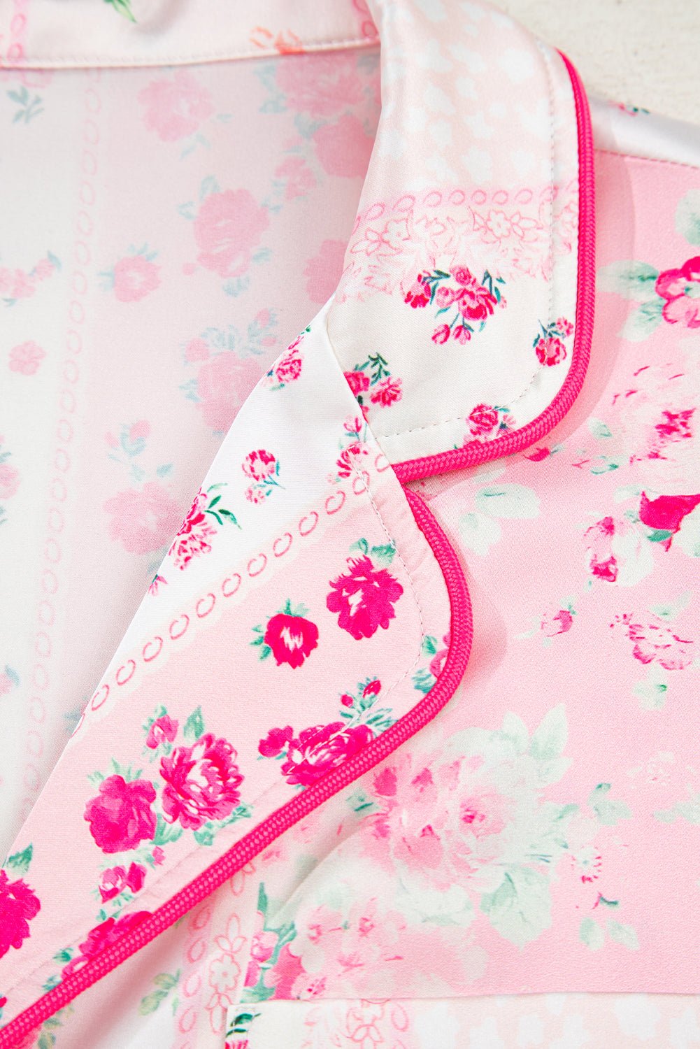 Pink Mixed Floral Print Contrast Piping Trim Satin Tie Pajama Set - MAD RUFFI
