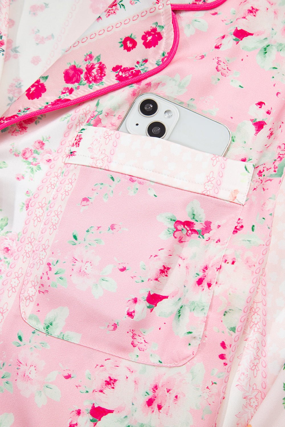 Pink Mixed Floral Print Contrast Piping Trim Satin Tie Pajama Set - MAD RUFFI