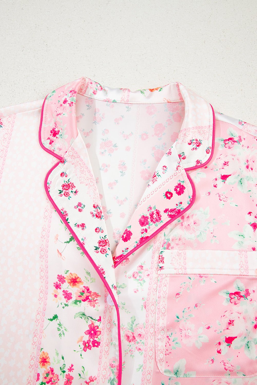 Pink Mixed Floral Print Contrast Piping Trim Satin Tie Pajama Set - MAD RUFFI