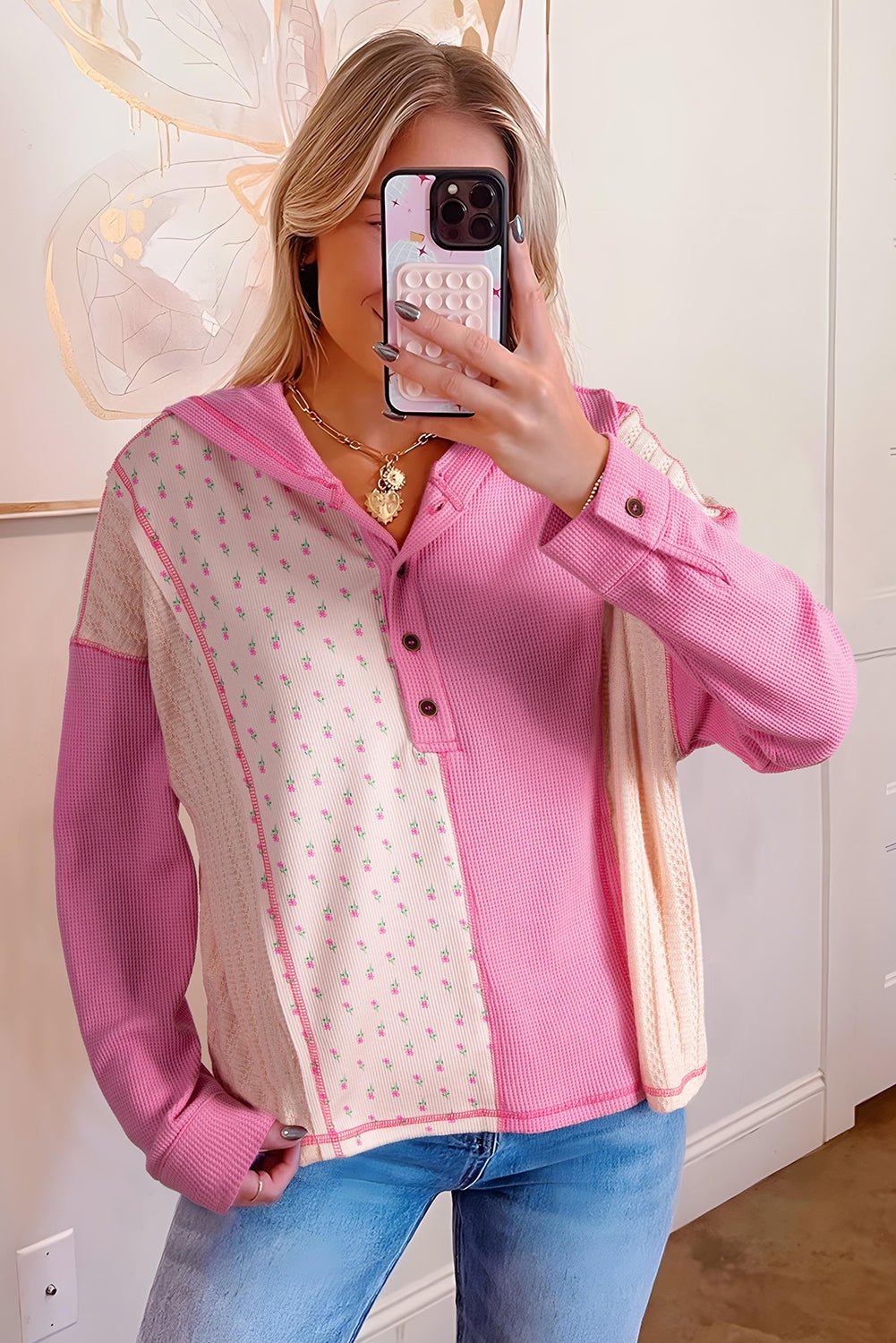 Pink Mixed Texture Waffle Floral Patchwork Hooded Oversized Pullover Top - MAD RUFFI