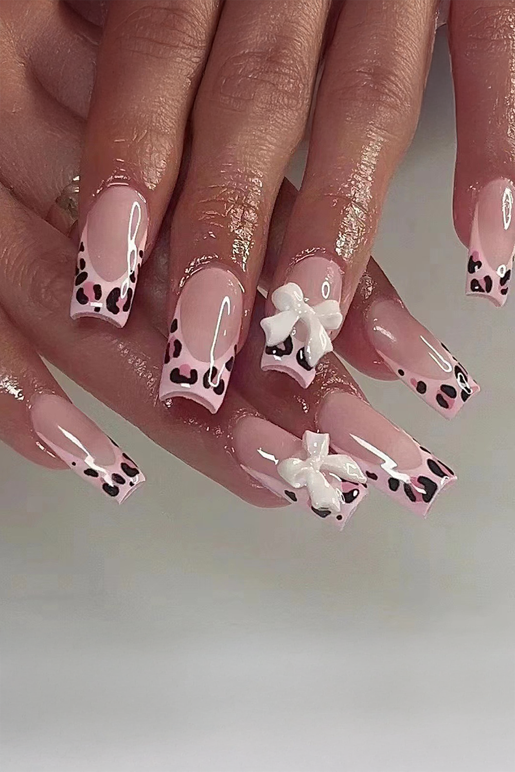 Pink Nail Leopard Print Bow Square Nail Tips - Pink / ONE SIZE - Accessories & Jewelry