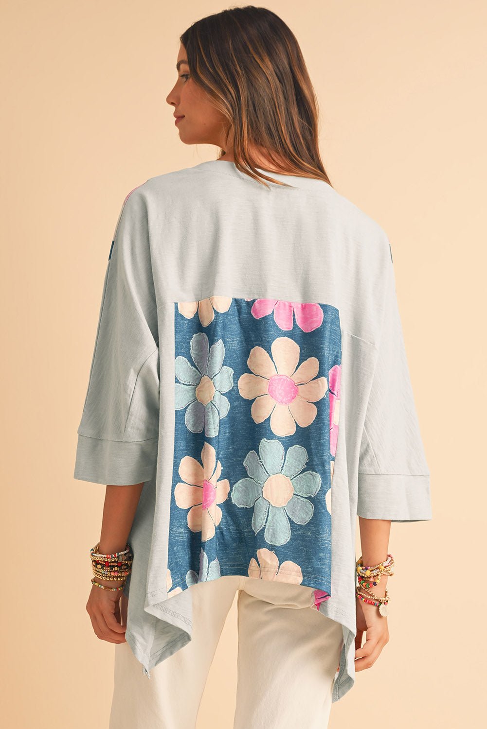 Pink Patchwork 60s Flower V Neck Bracelet Sleeve Oversized Top - MAD RUFFI