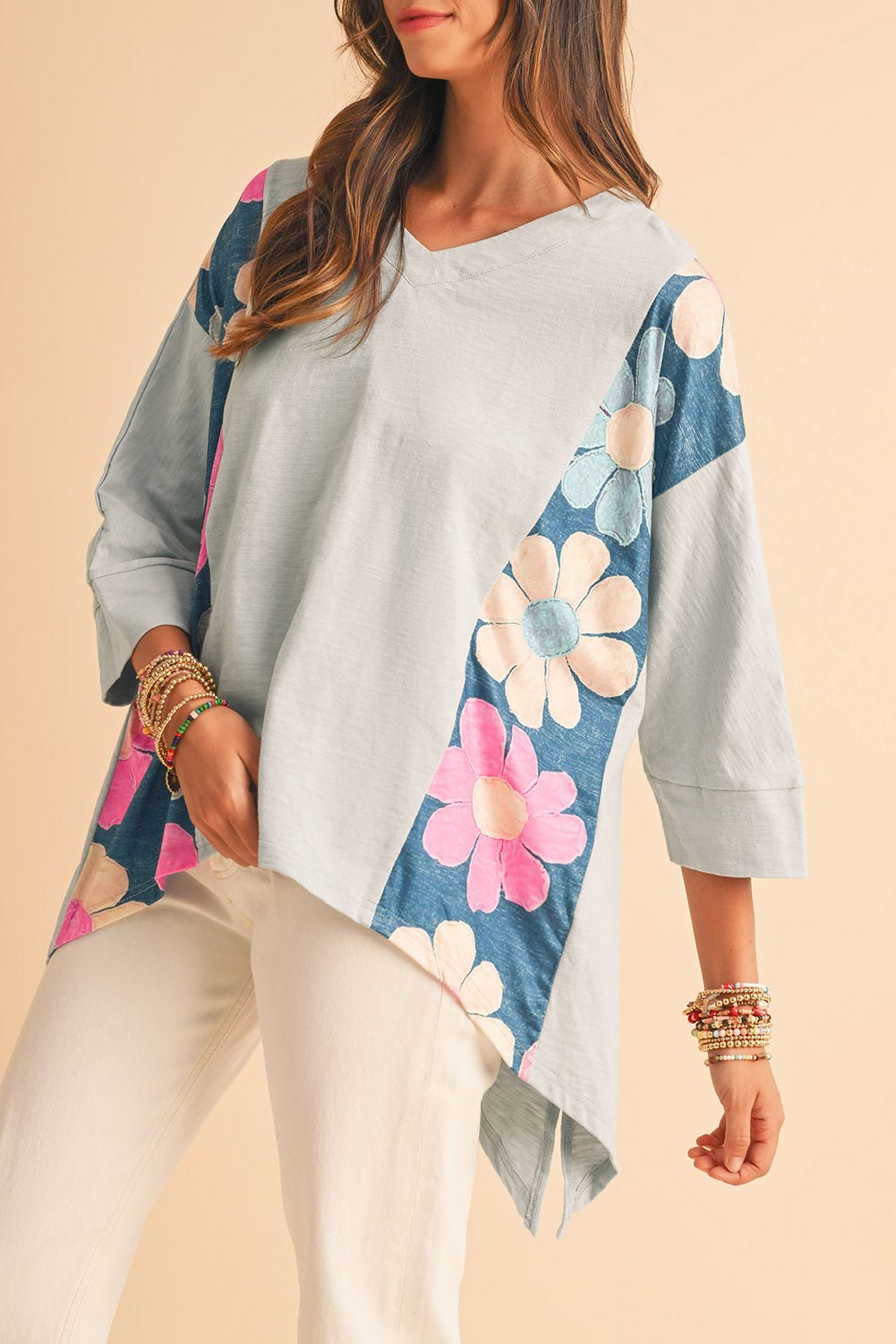 Pink Patchwork 60s Flower V Neck Bracelet Sleeve Oversized Top - MAD RUFFI