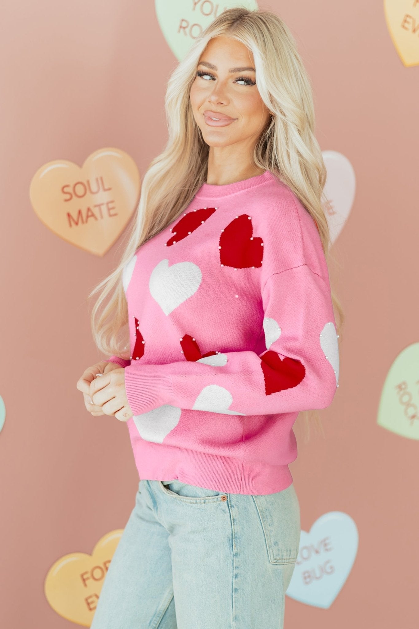 Pink Pearl Embellished Heart Pattern Valentines Day Sweater - MAD RUFFI