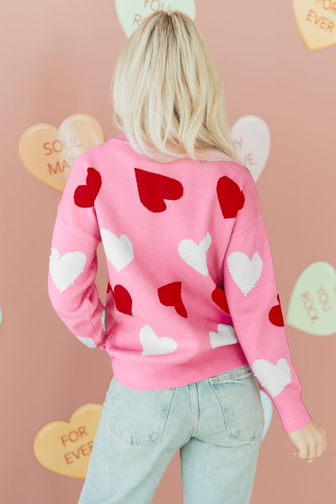 Pink Pearl Embellished Heart Pattern Valentines Day Sweater - MAD RUFFI
