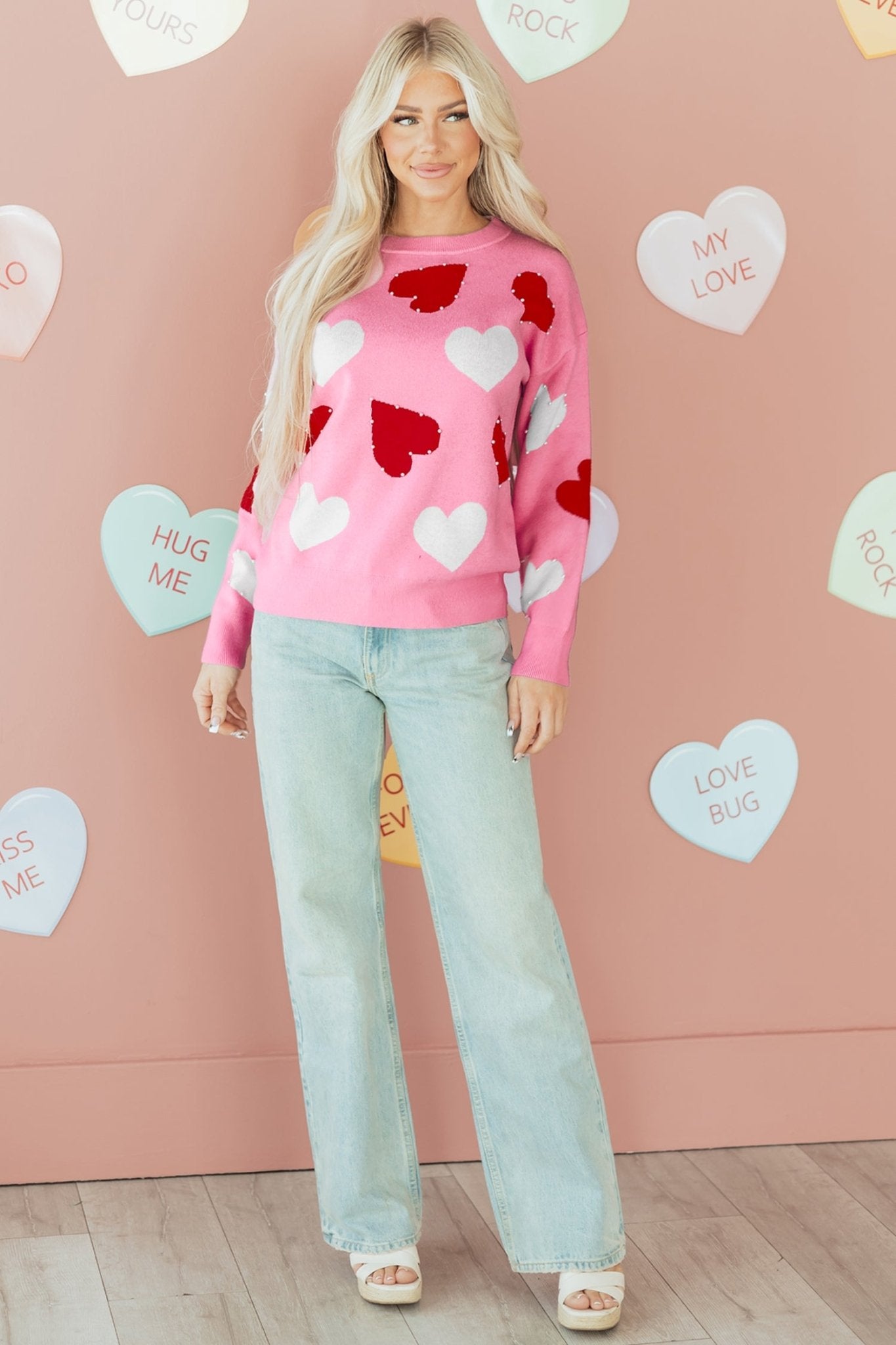 Pink Pearl Embellished Heart Pattern Valentines Day Sweater - MAD RUFFI