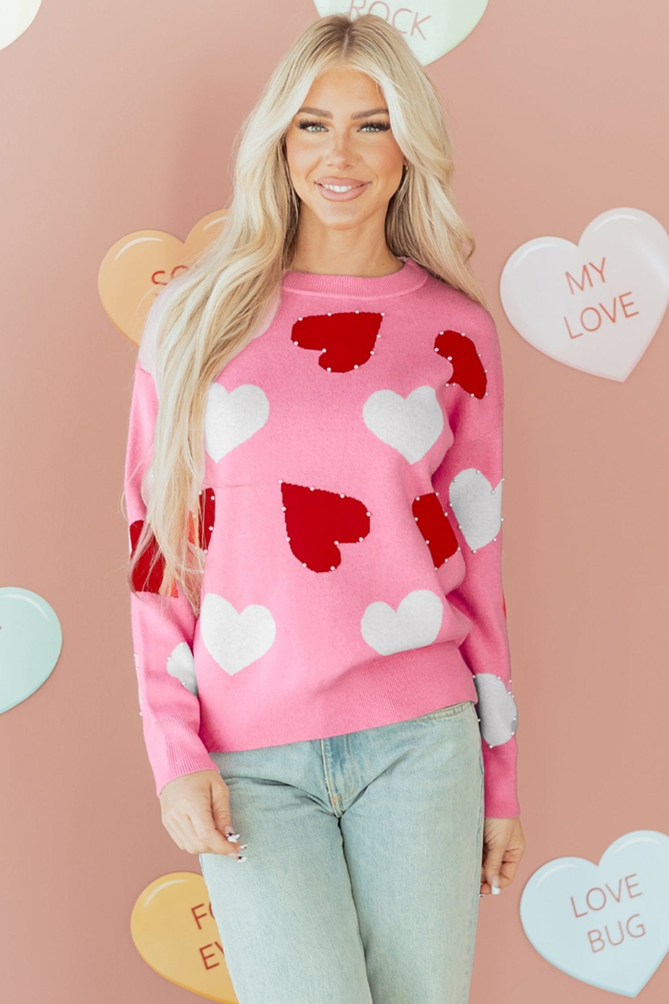 Pink Pearl Embellished Heart Pattern Valentines Day Sweater - MAD RUFFI