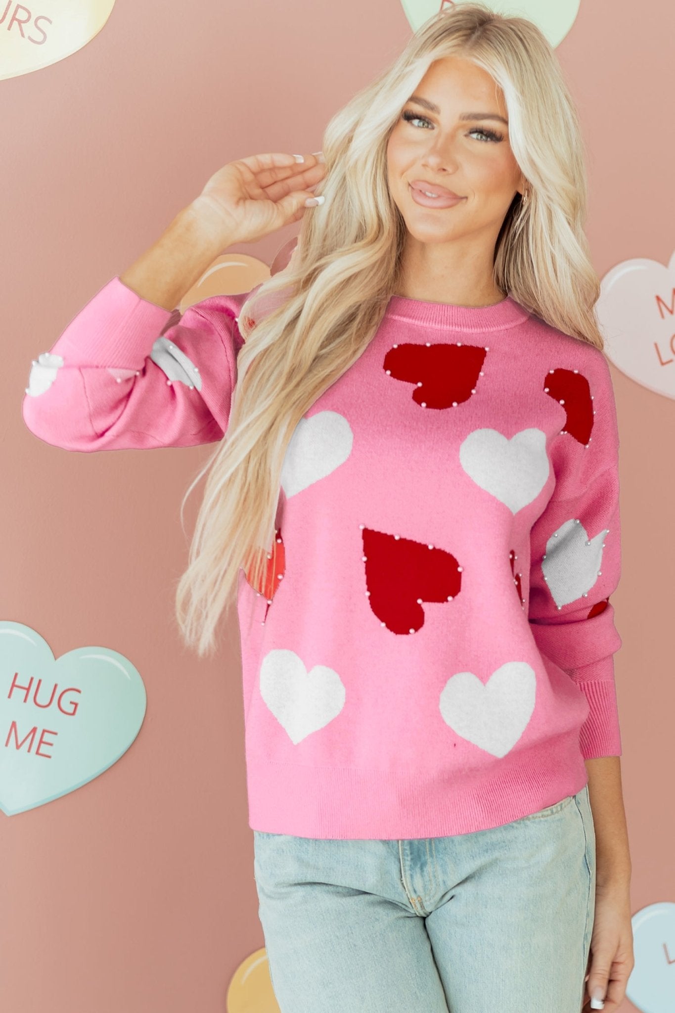 Pink Pearl Embellished Heart Pattern Valentines Day Sweater - MAD RUFFI