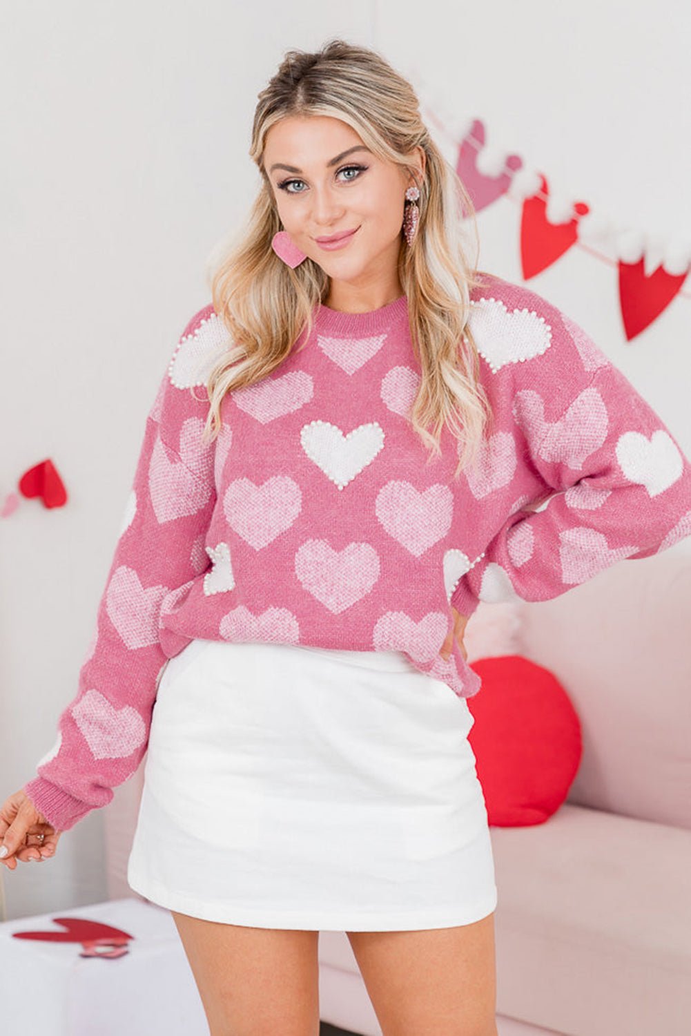 Pink Pearl Heart Print Valentines Crew Neck Sweater - MAD RUFFI