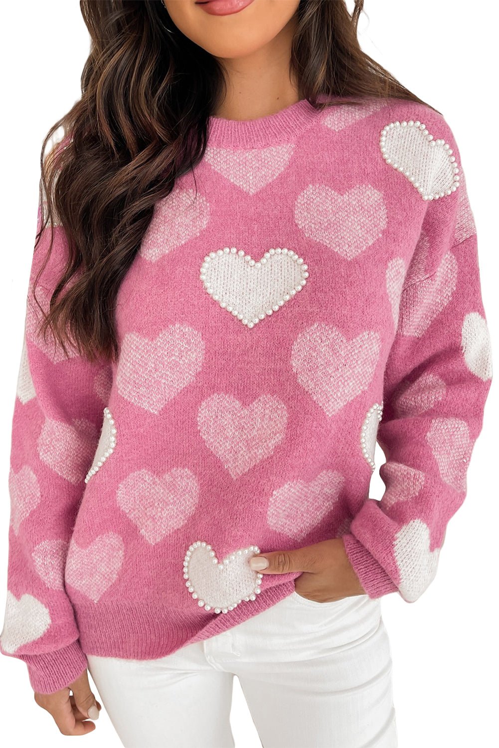 Pink Pearl Heart Print Valentines Crew Neck Sweater - MAD RUFFI