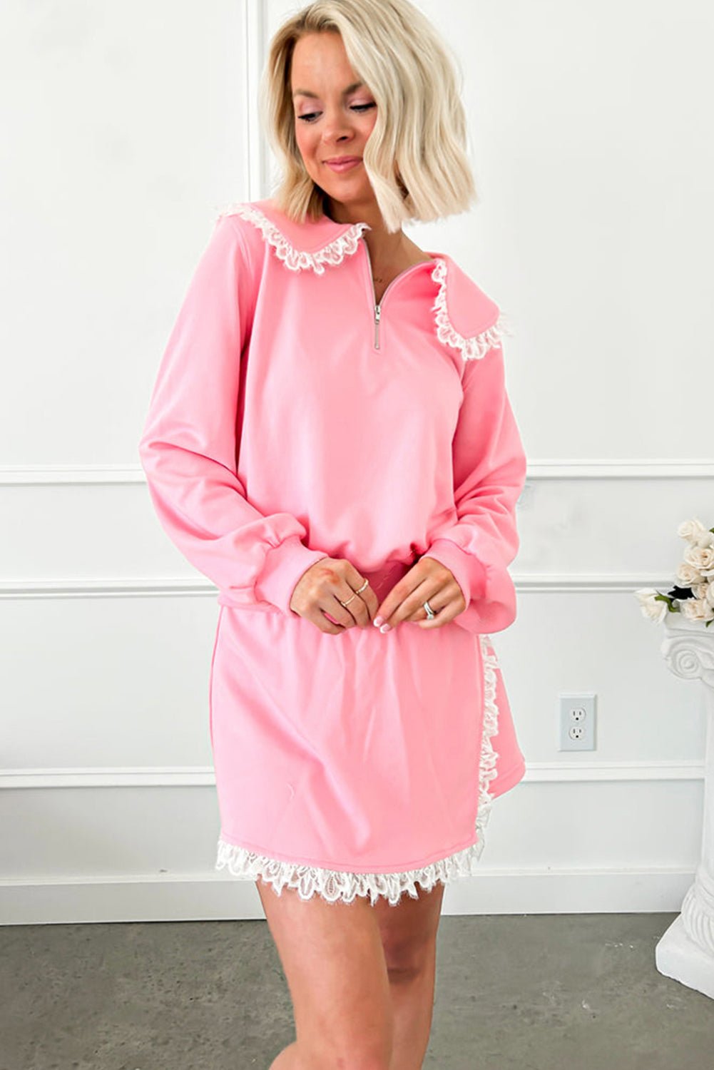 Pink Peter Pan Collar Pullover Lace Embellished Mini Skirt Set - MAD RUFFI