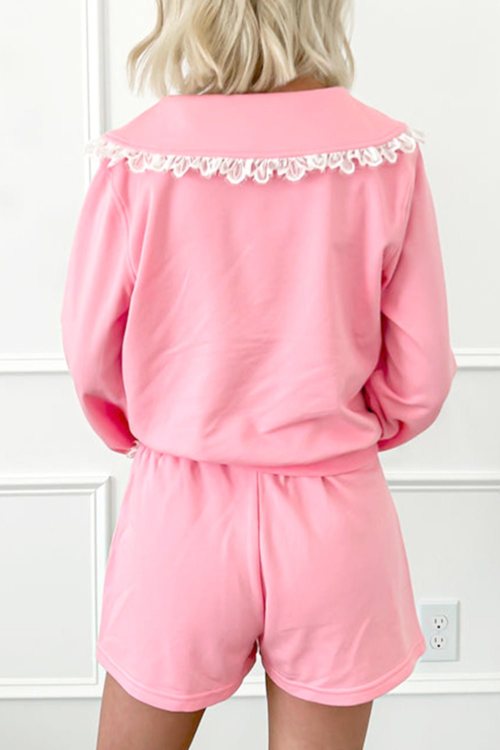 Pink Peter Pan Collar Pullover Lace Embellished Mini Skirt Set - MAD RUFFI