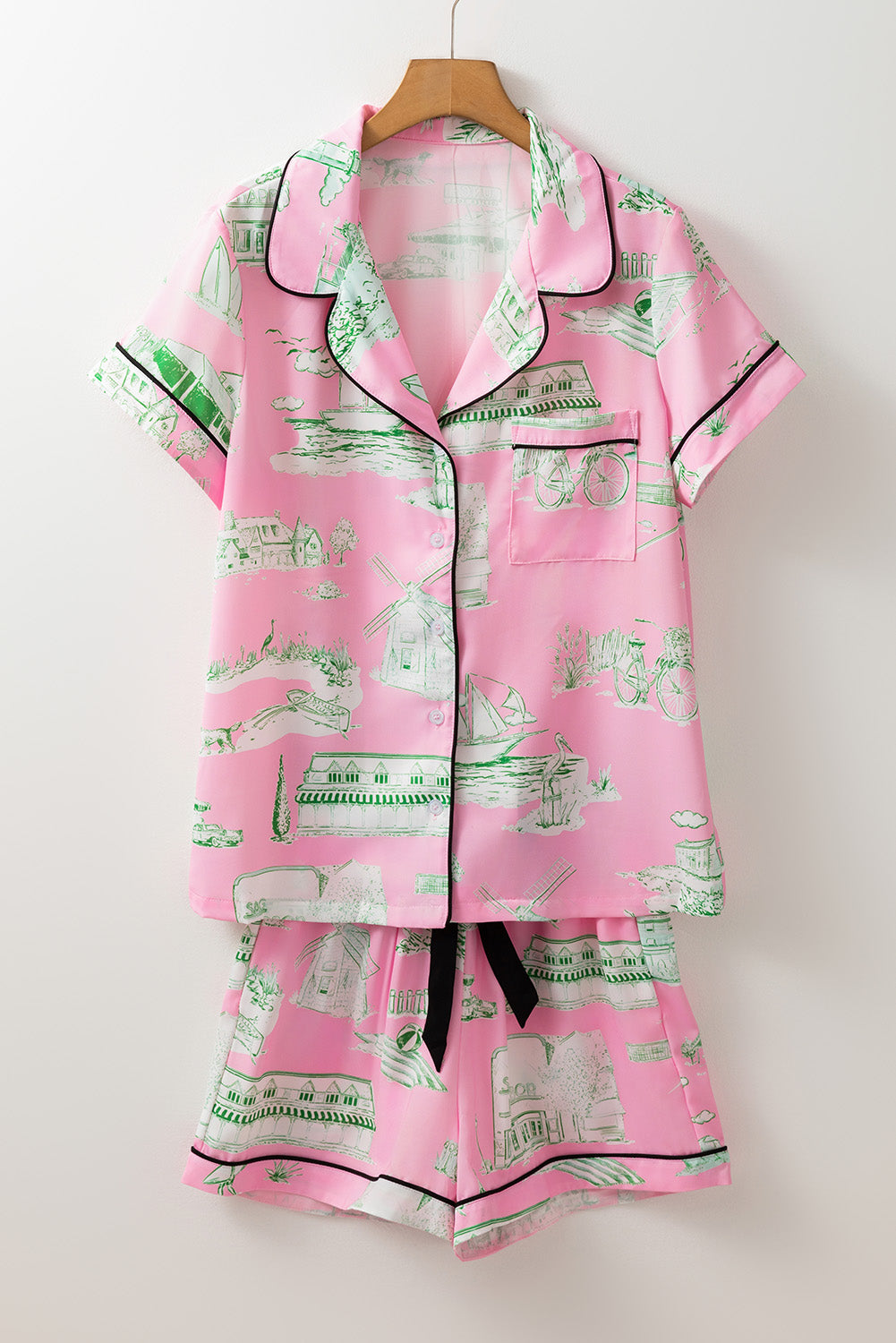 Pink Piping Detail Drawstring Shorts Pajama Set - MAD RUFFI