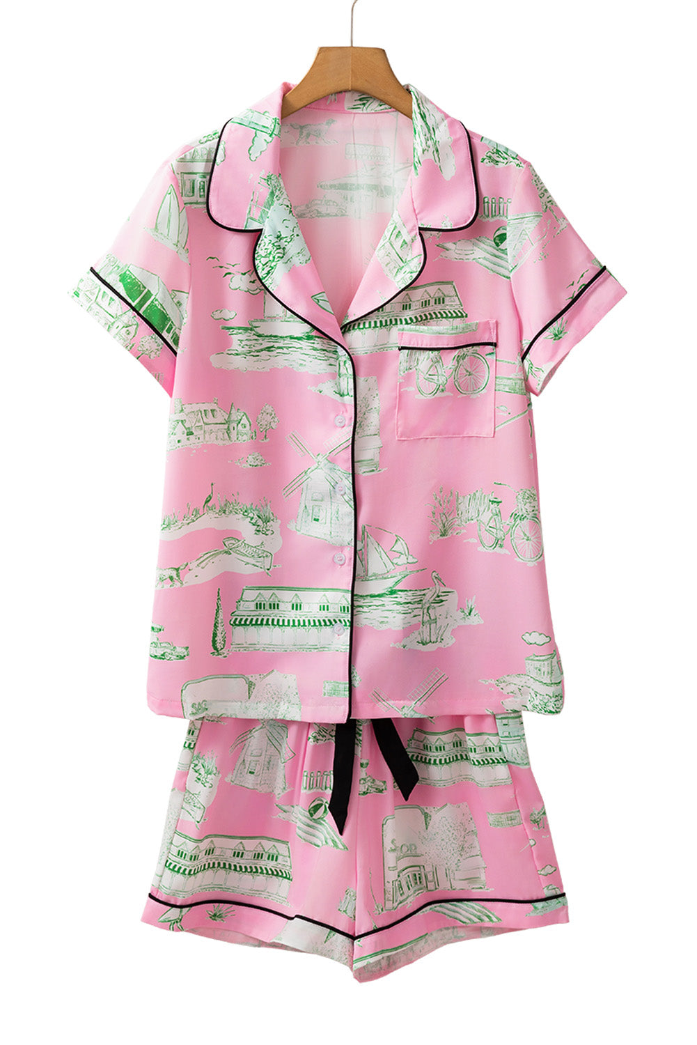 Pink Piping Detail Drawstring Shorts Pajama Set - MAD RUFFI