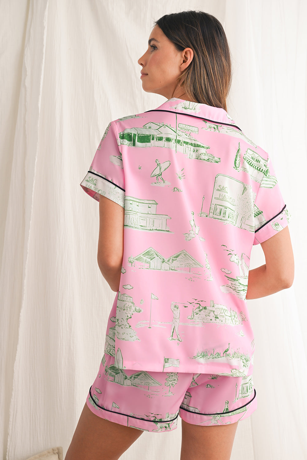 Pink Piping Detail Drawstring Shorts Pajama Set - MAD RUFFI