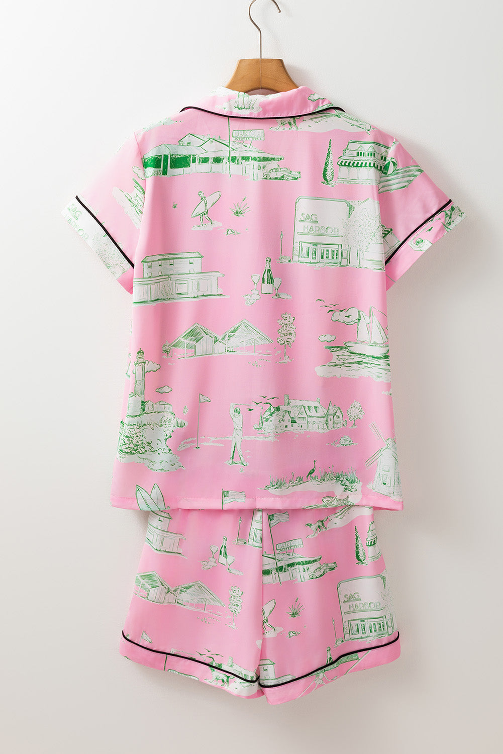 Pink Piping Detail Drawstring Shorts Pajama Set - MAD RUFFI