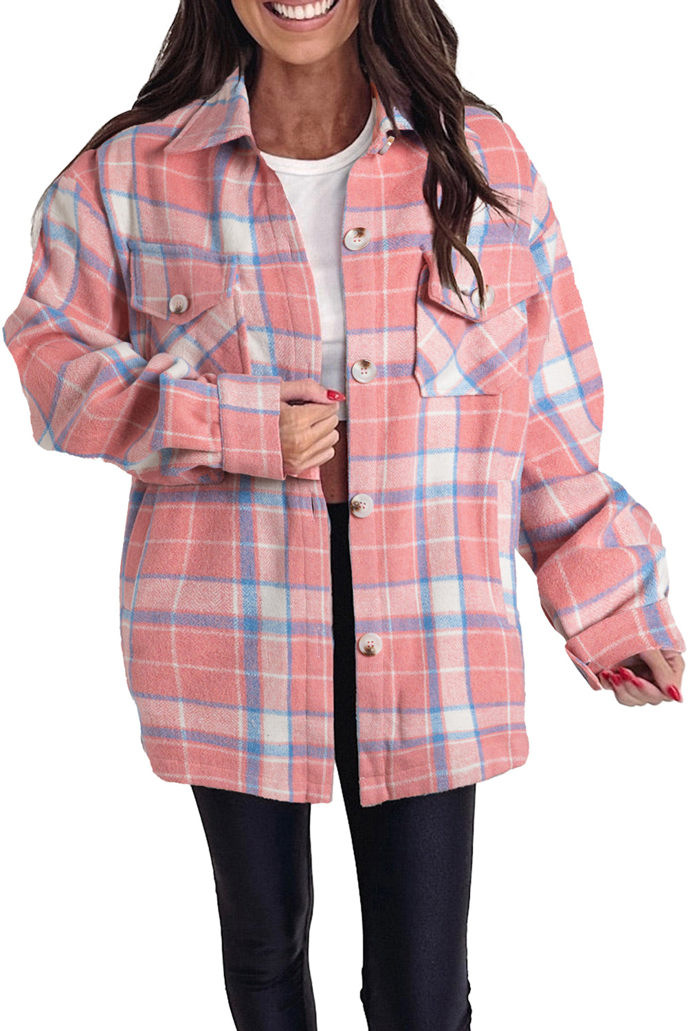 Pink Plaid Flap Pocket Button Up Shacket - MAD RUFFI