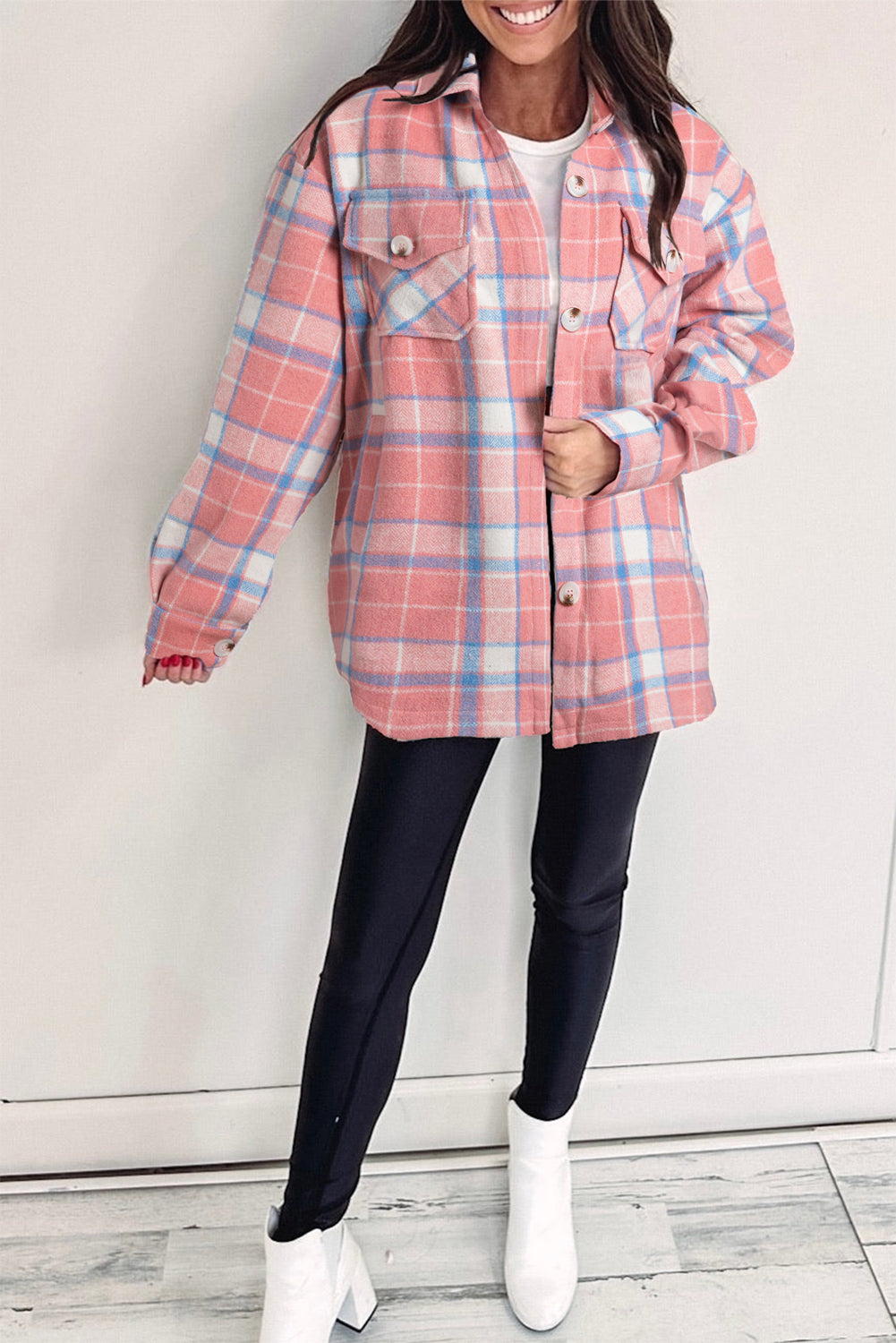 Pink Plaid Flap Pocket Button Up Shacket - MAD RUFFI