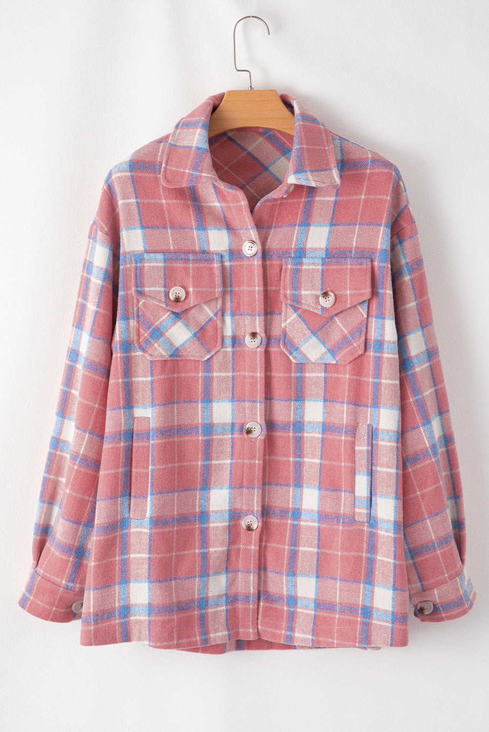 Pink Plaid Flap Pocket Button Up Shacket - MAD RUFFI