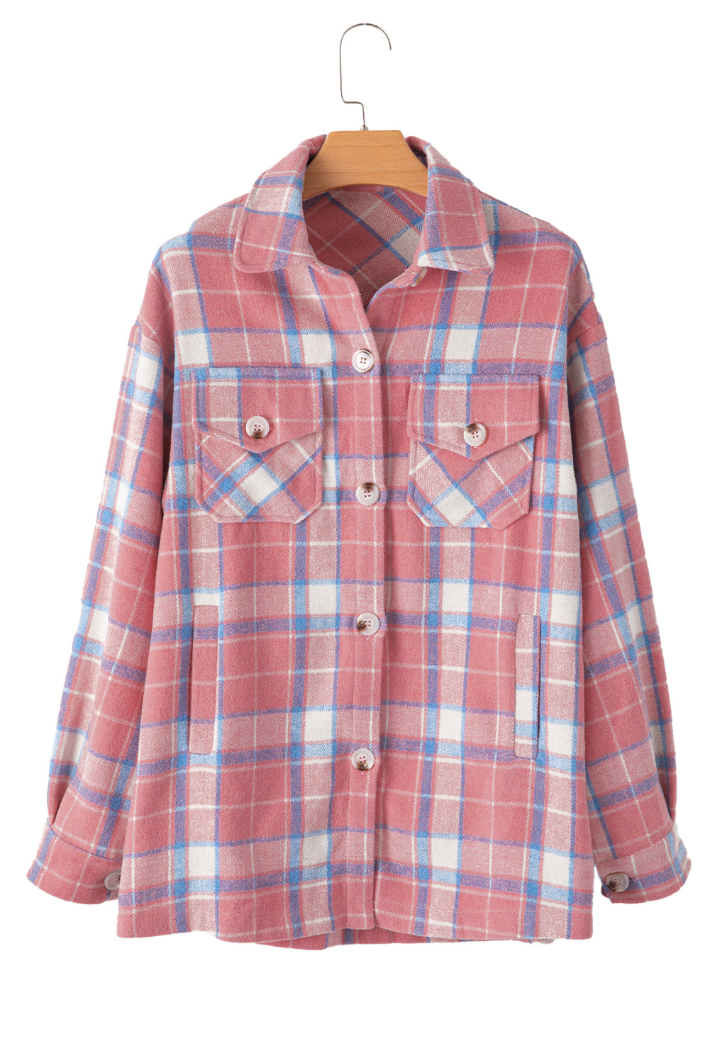 Pink Plaid Flap Pocket Button Up Shacket - MAD RUFFI