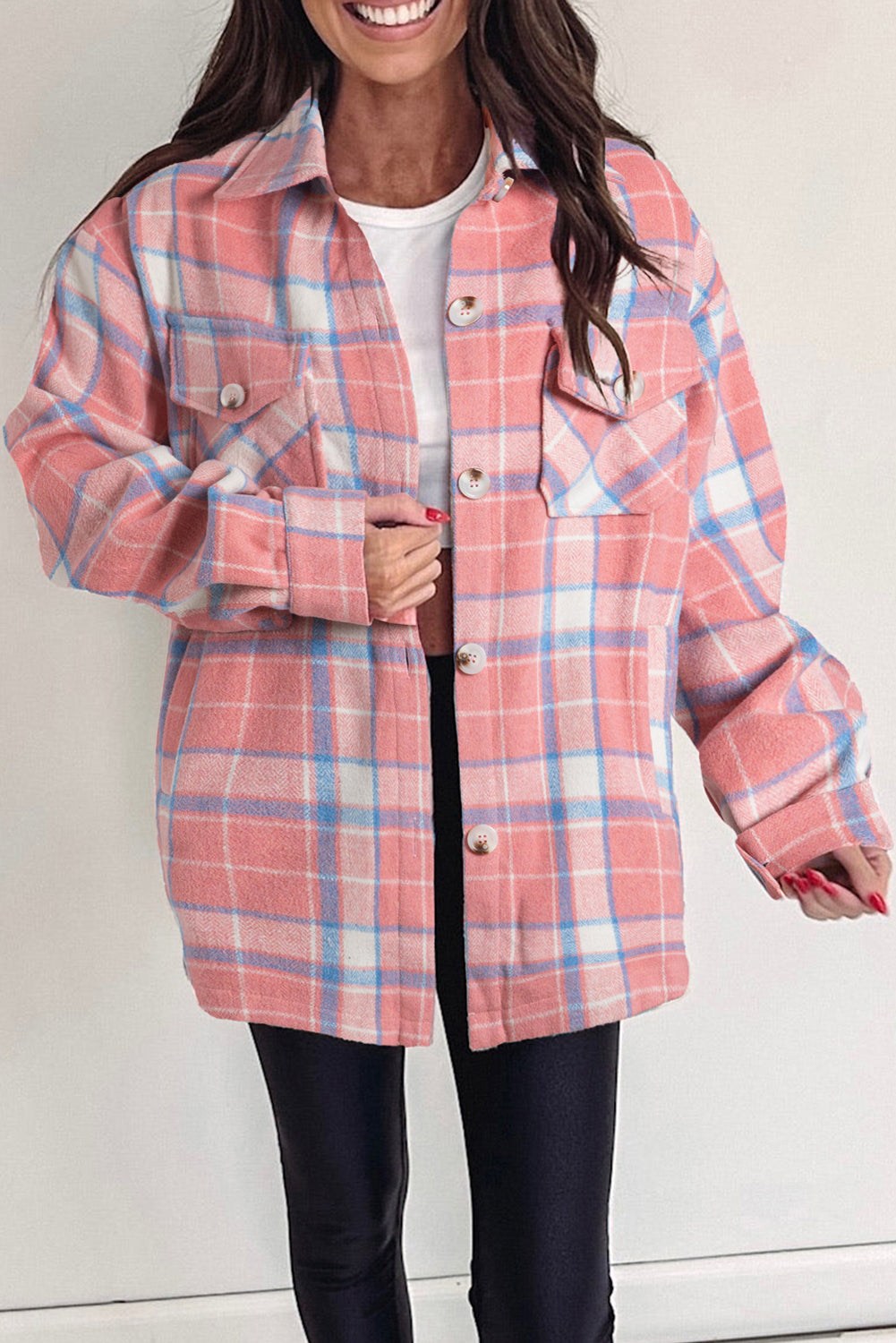 Pink Plaid Flap Pocket Button Up Shacket - MAD RUFFI