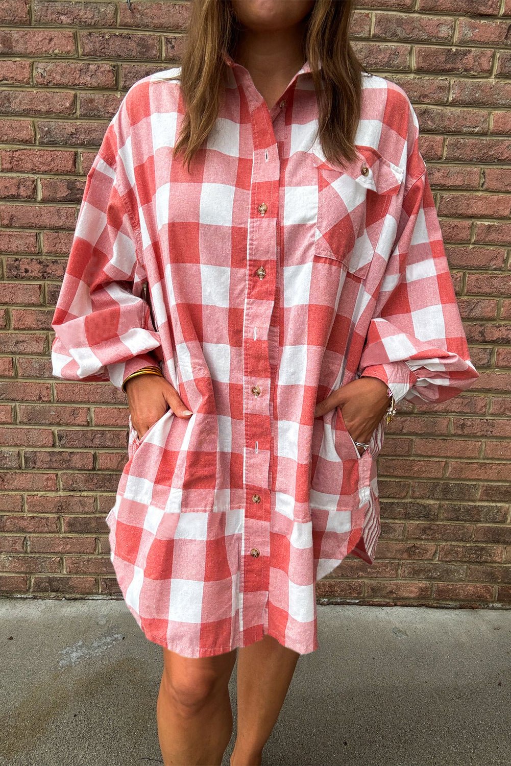 Pink Plaid Oversized Raw Hem Long Sleeve Dress - MAD RUFFI