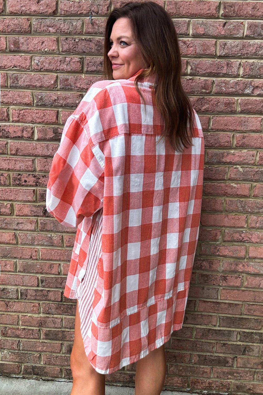 Pink Plaid Oversized Raw Hem Long Sleeve Dress - MAD RUFFI