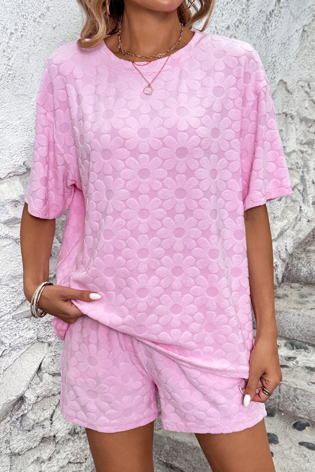 Pink Plain Flower Embossed Textured Shorts Set - MAD RUFFI