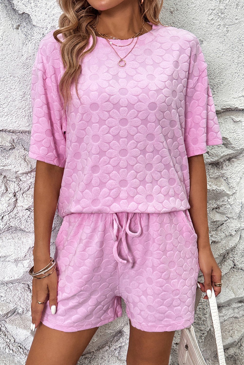 Pink Plain Flower Embossed Textured Shorts Set - MAD RUFFI