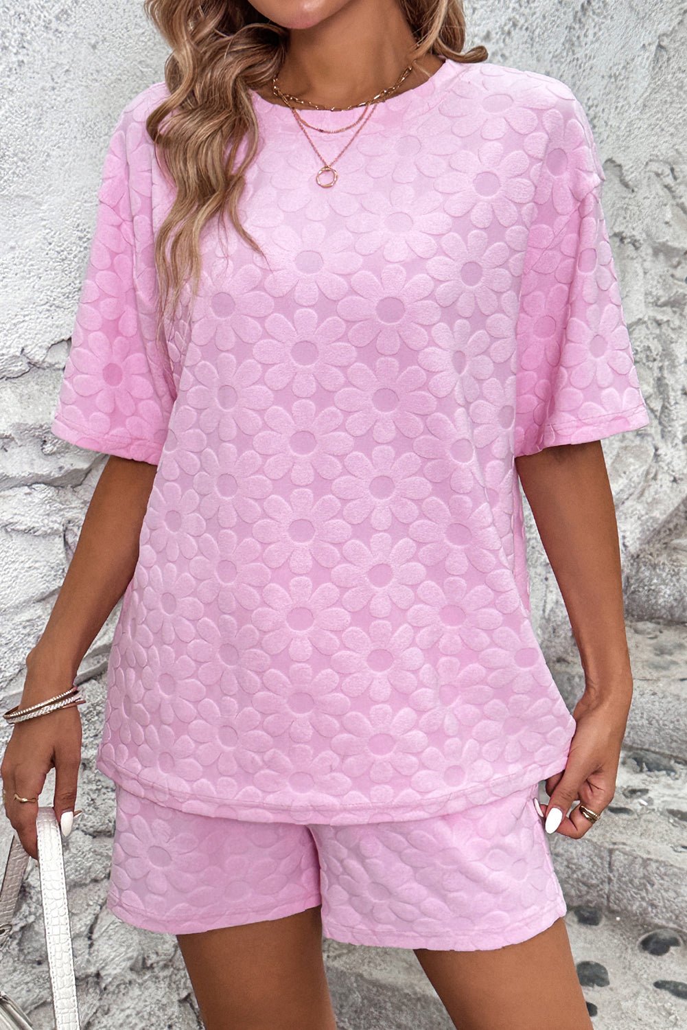 Pink Plain Flower Embossed Textured Shorts Set - MAD RUFFI