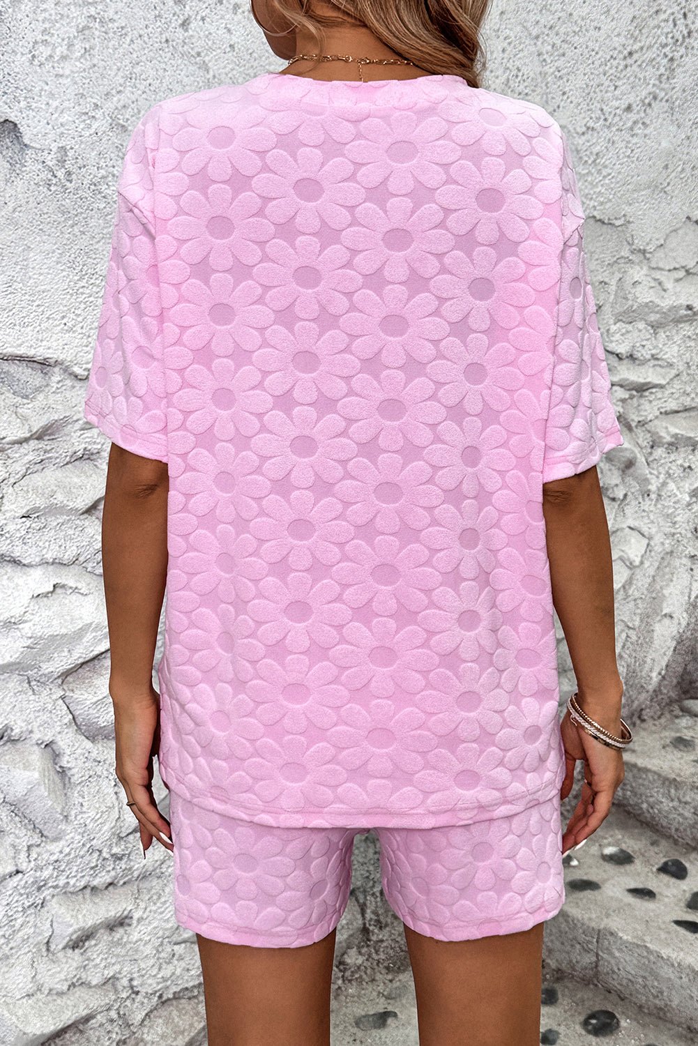 Pink Plain Flower Embossed Textured Shorts Set - MAD RUFFI