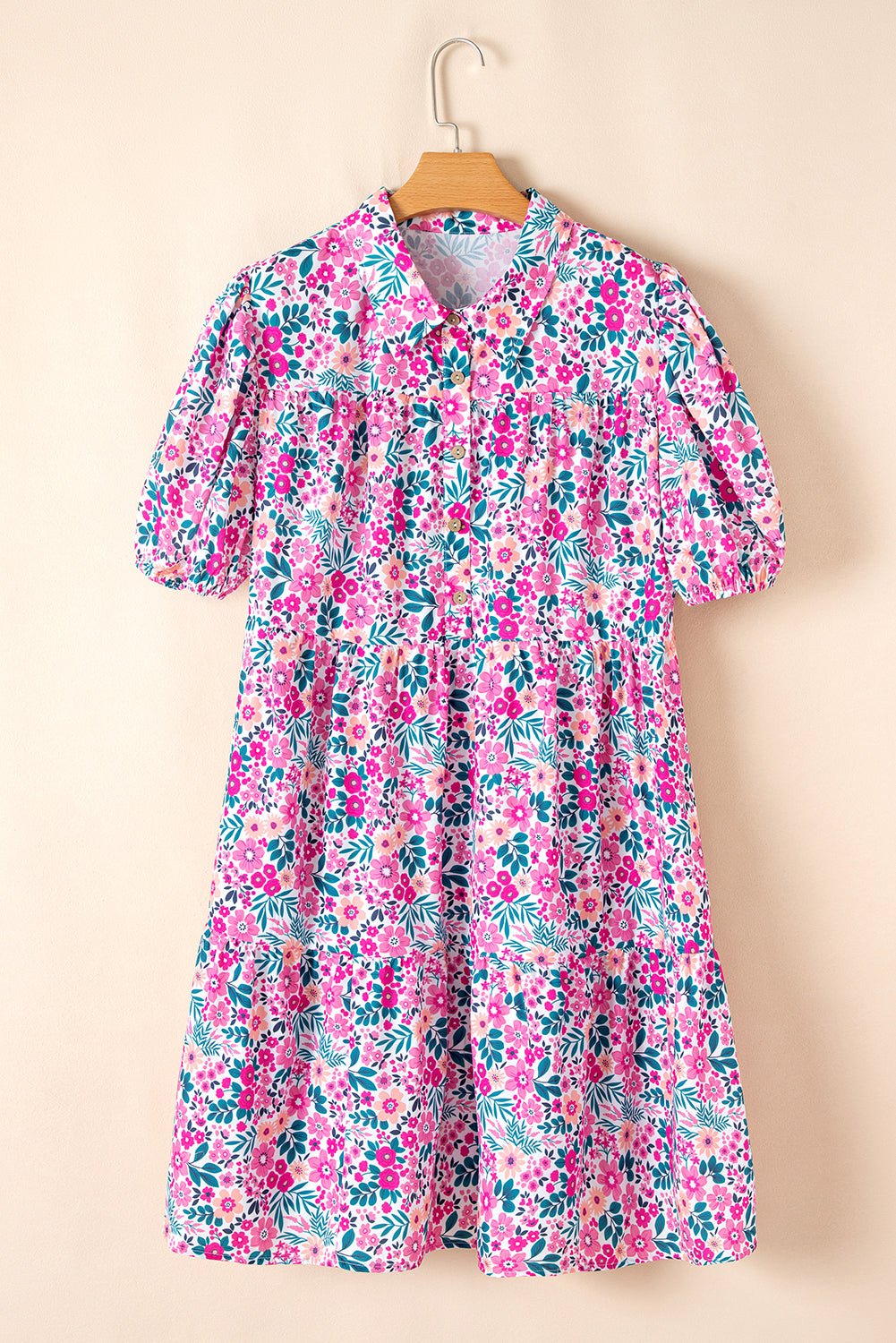 Pink Plus Size Floral Half Button Puff Sleeve A Line Dress - MAD RUFFI