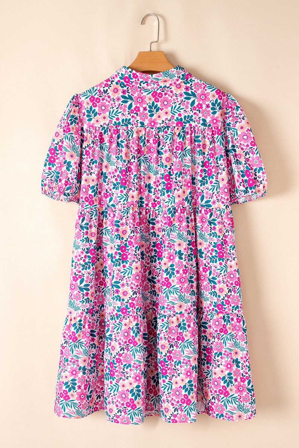 Pink Plus Size Floral Half Button Puff Sleeve A Line Dress - MAD RUFFI