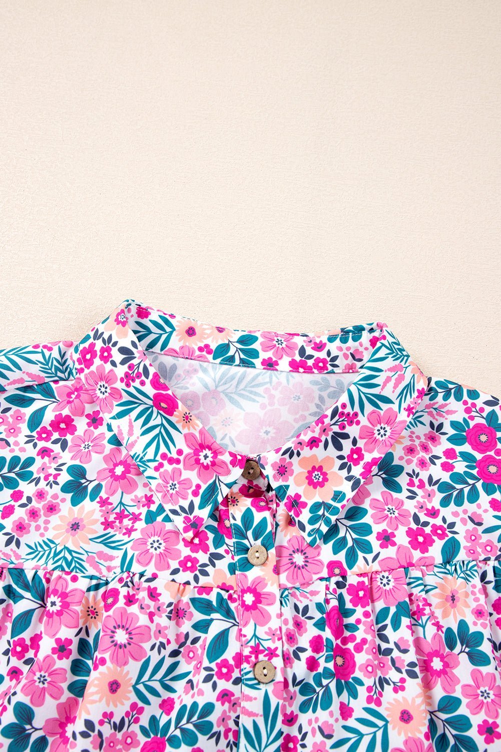 Pink Plus Size Floral Half Button Puff Sleeve A Line Dress - MAD RUFFI