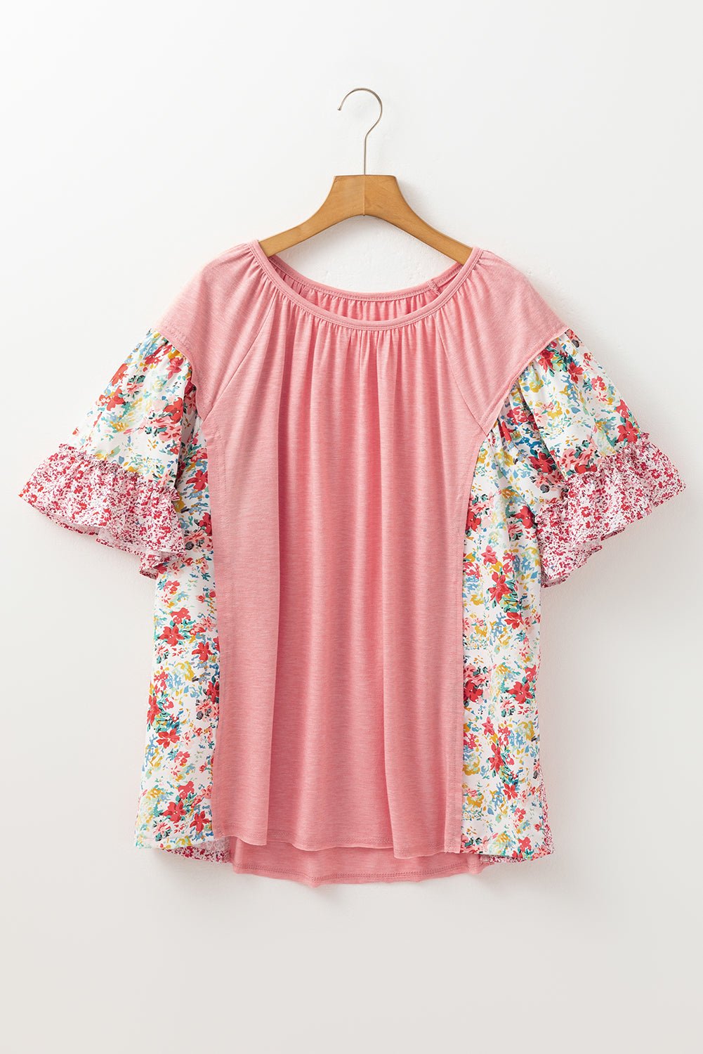Pink Plus Size Floral Patchwork Ruffle Short Sleeve Blouse - MAD RUFFI