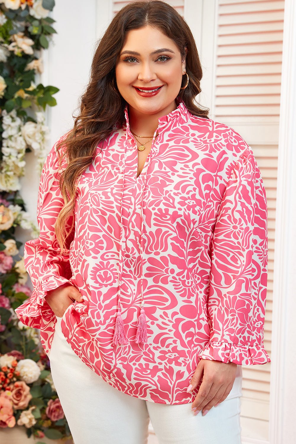 Pink Plus Size Floral Print Frilled Neck Puff Sleeve Blouse - MAD RUFFI