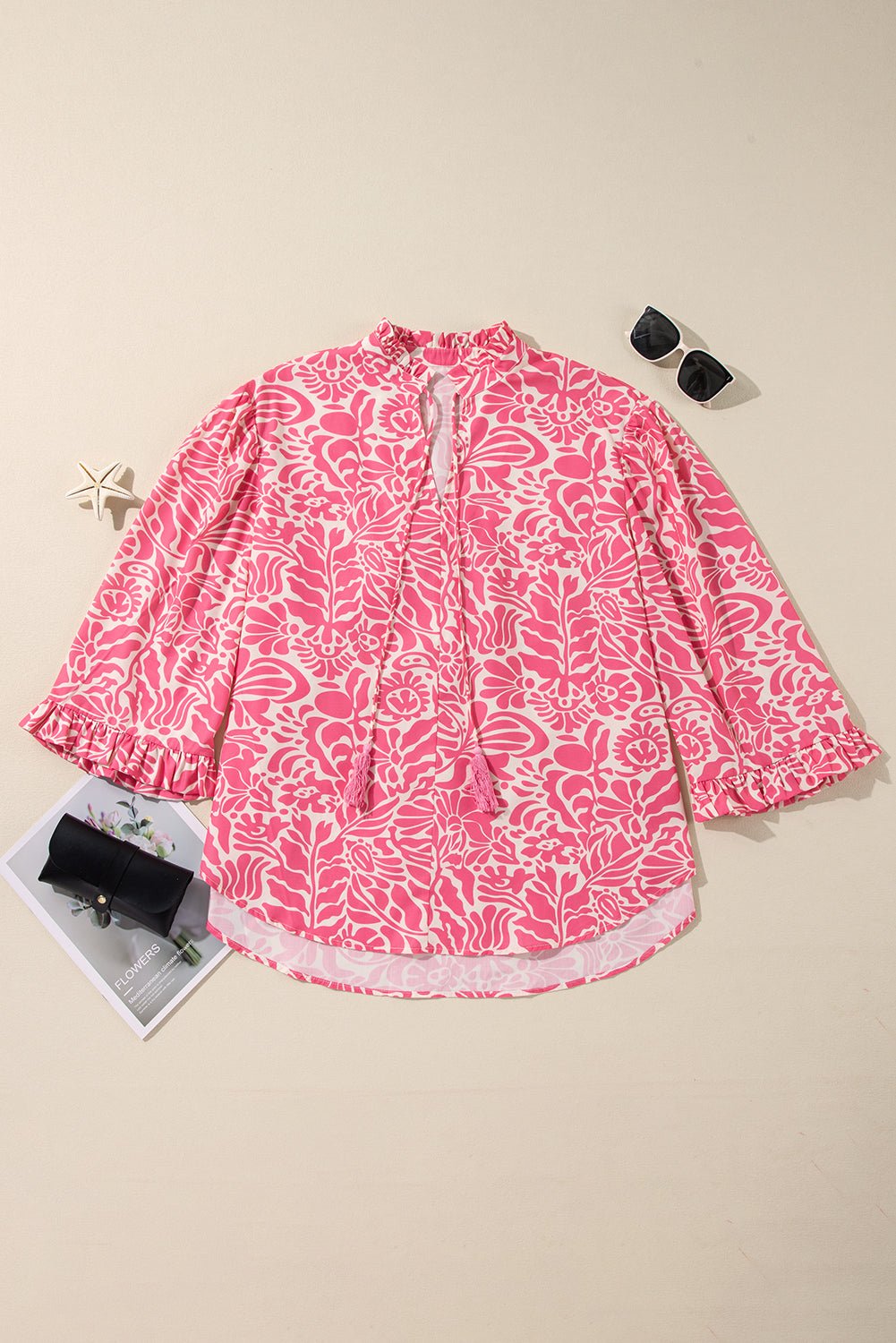 Pink Plus Size Floral Print Frilled Neck Puff Sleeve Blouse - MAD RUFFI