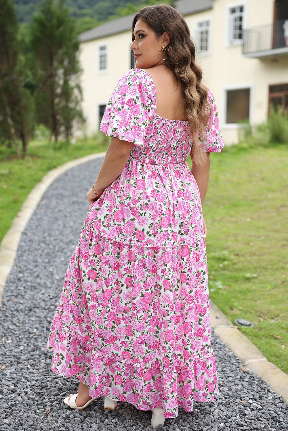 Pink Plus Size Floral Print Smocked Puff Sleeve Maxi Dress - MAD RUFFI