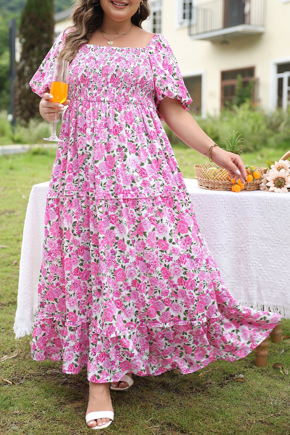 Pink Plus Size Floral Print Smocked Puff Sleeve Maxi Dress - MAD RUFFI