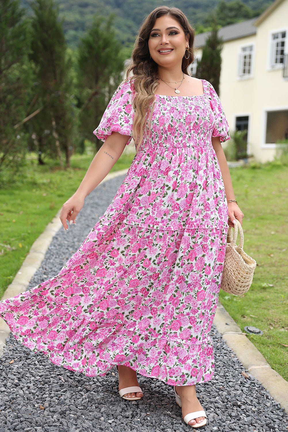 Pink Plus Size Floral Print Smocked Puff Sleeve Maxi Dress - MAD RUFFI